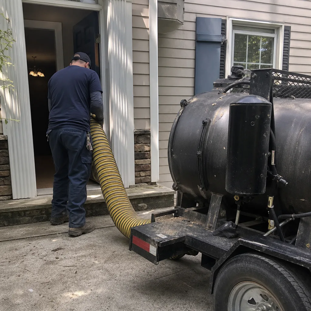 Air duct cleaning professional using a trailer vacuum system at home