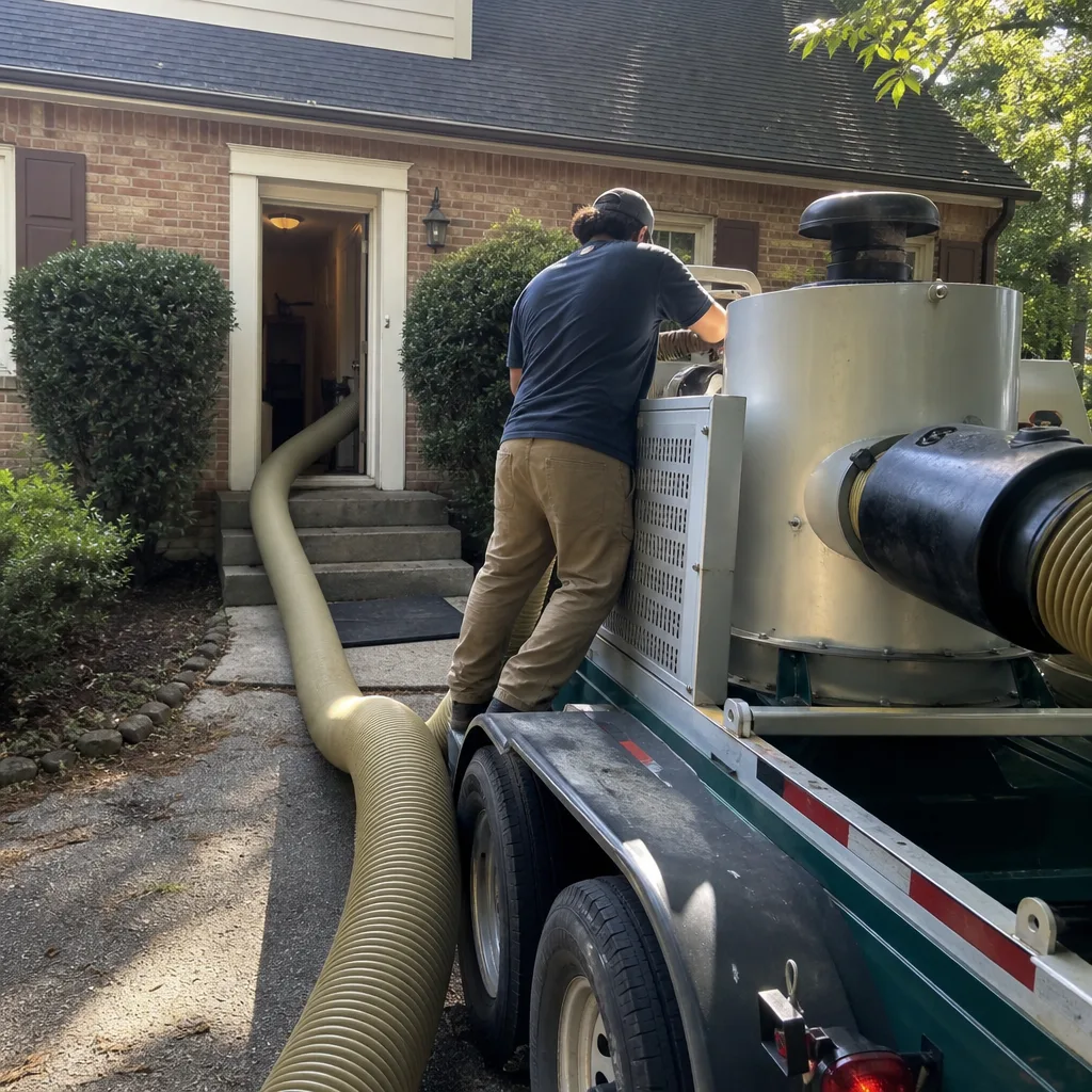 Technician using professional air duct cleaning equipment at a residential home