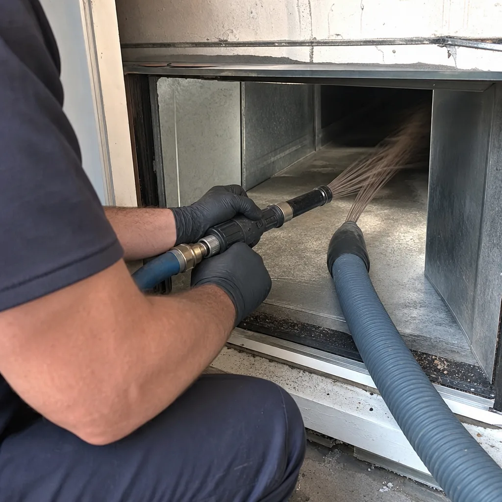 Technician performing professional residential air duct cleaning service with specialized equipment.