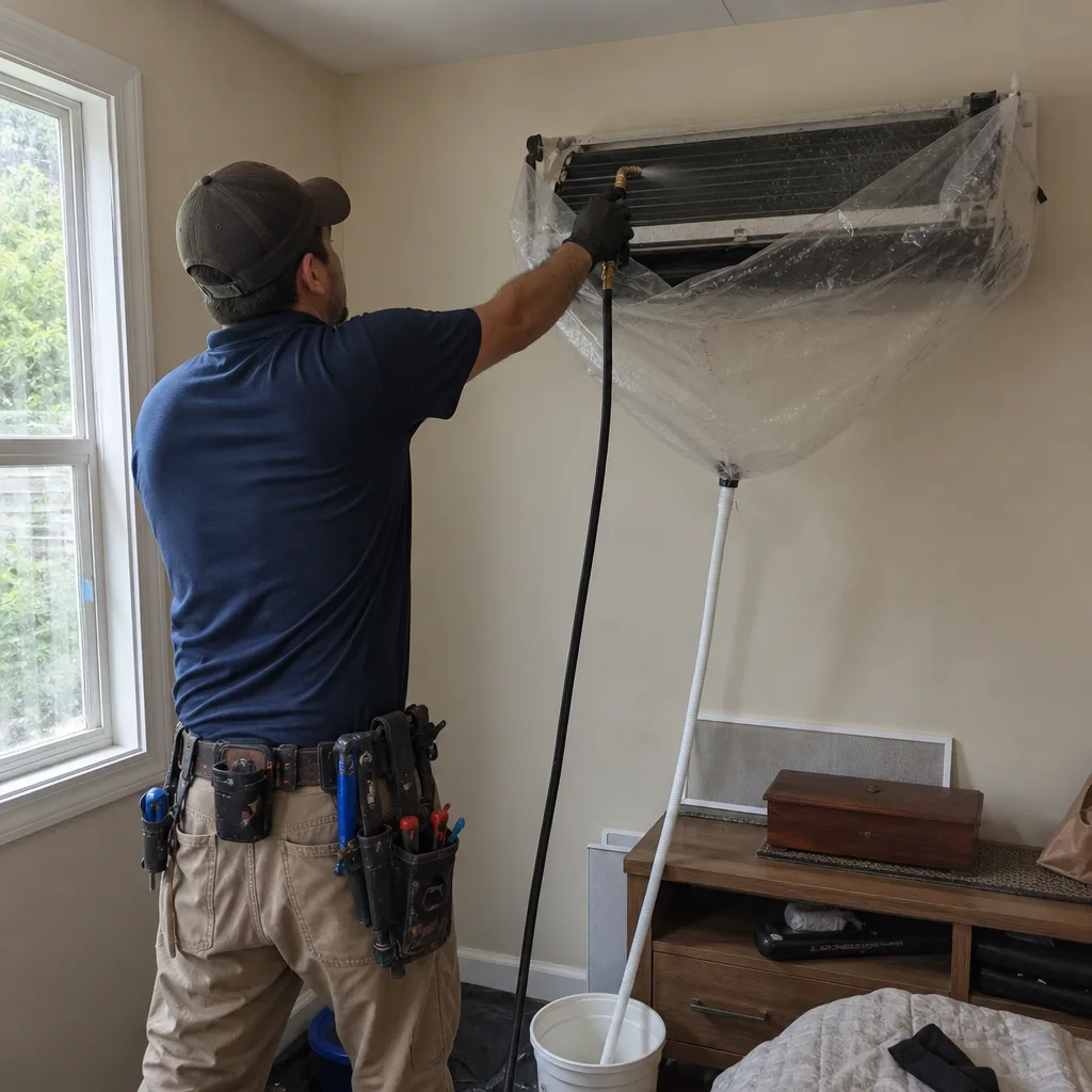 Technician performing professional wall-mounted air conditioner coil cleaning service
