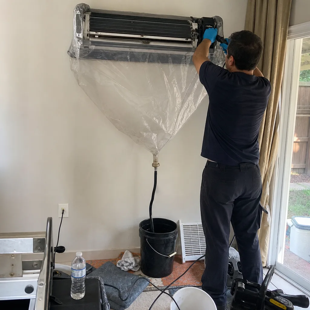 Technician performing professional mini-split HVAC system cleaning with collection bag