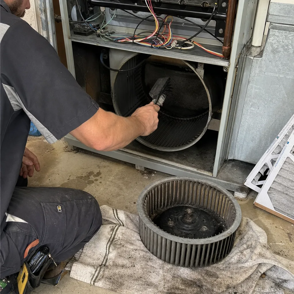 Technician cleaning furnace blower wheel during HVAC system maintenance